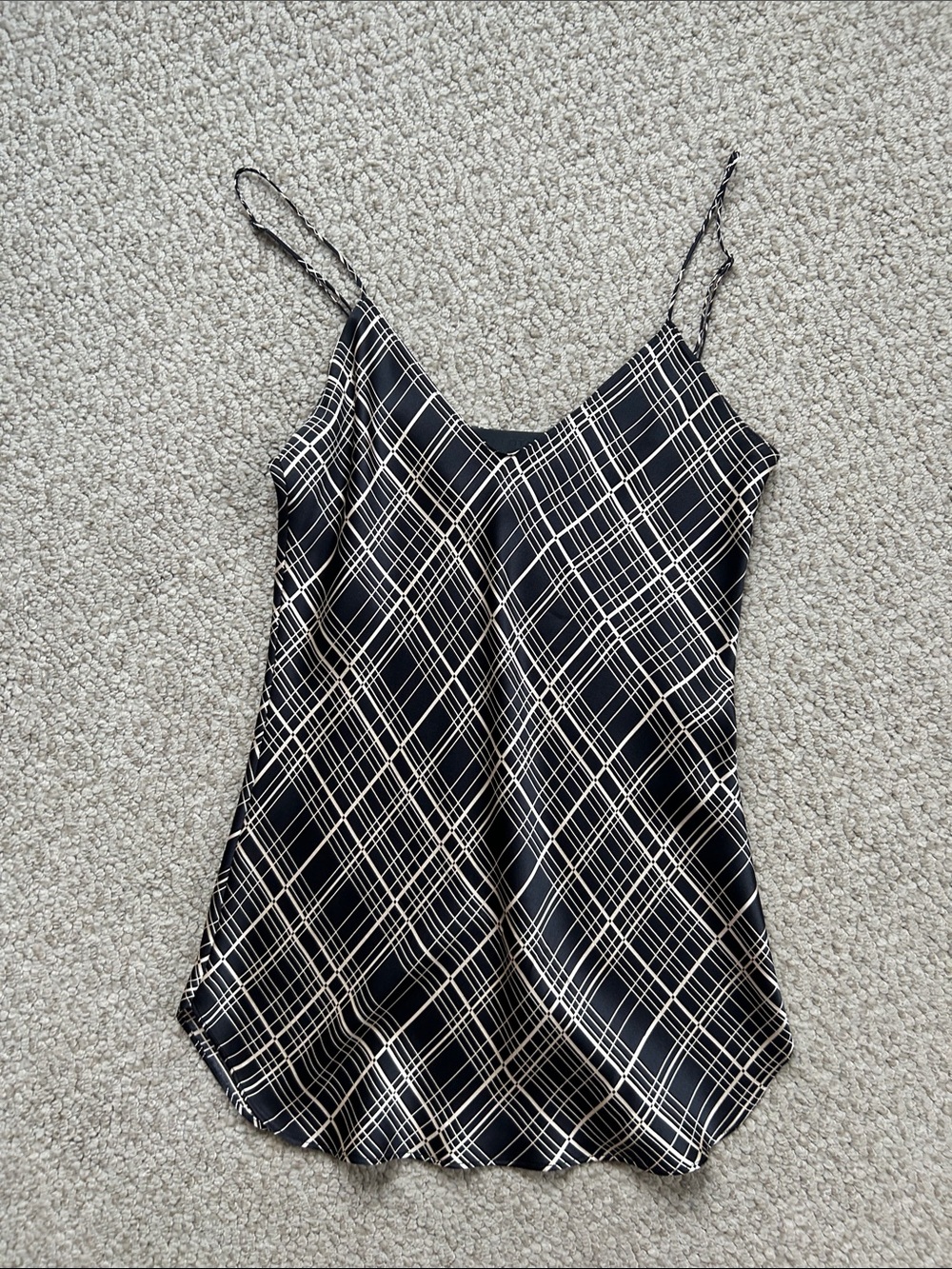 Nili Lotan Black Satin Plaid Cami with Cream Grid